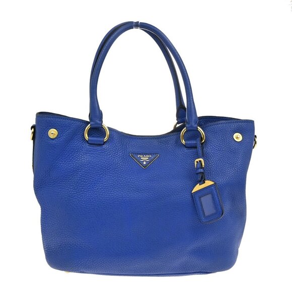 PRADA Logo Shoulder Hand Tote Bag Vitello Daino Leather Blue GHW Italy - Picture 1 of 16